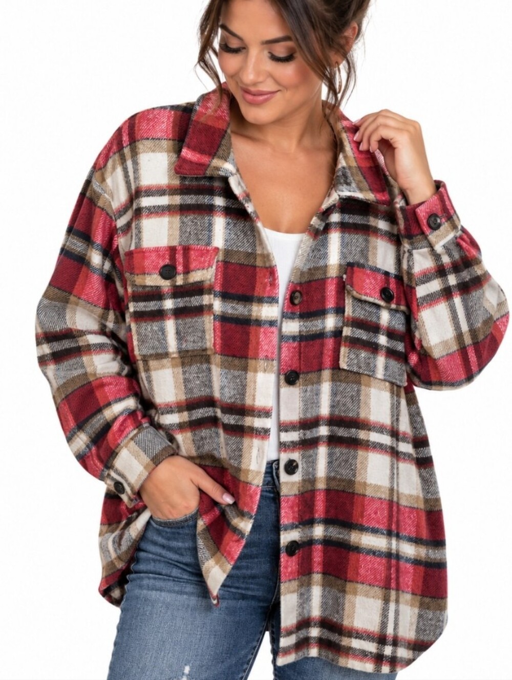 Unbranded Wool Blend Plaid Shacket 2XL Red Tan Button Oversized Cottagecore